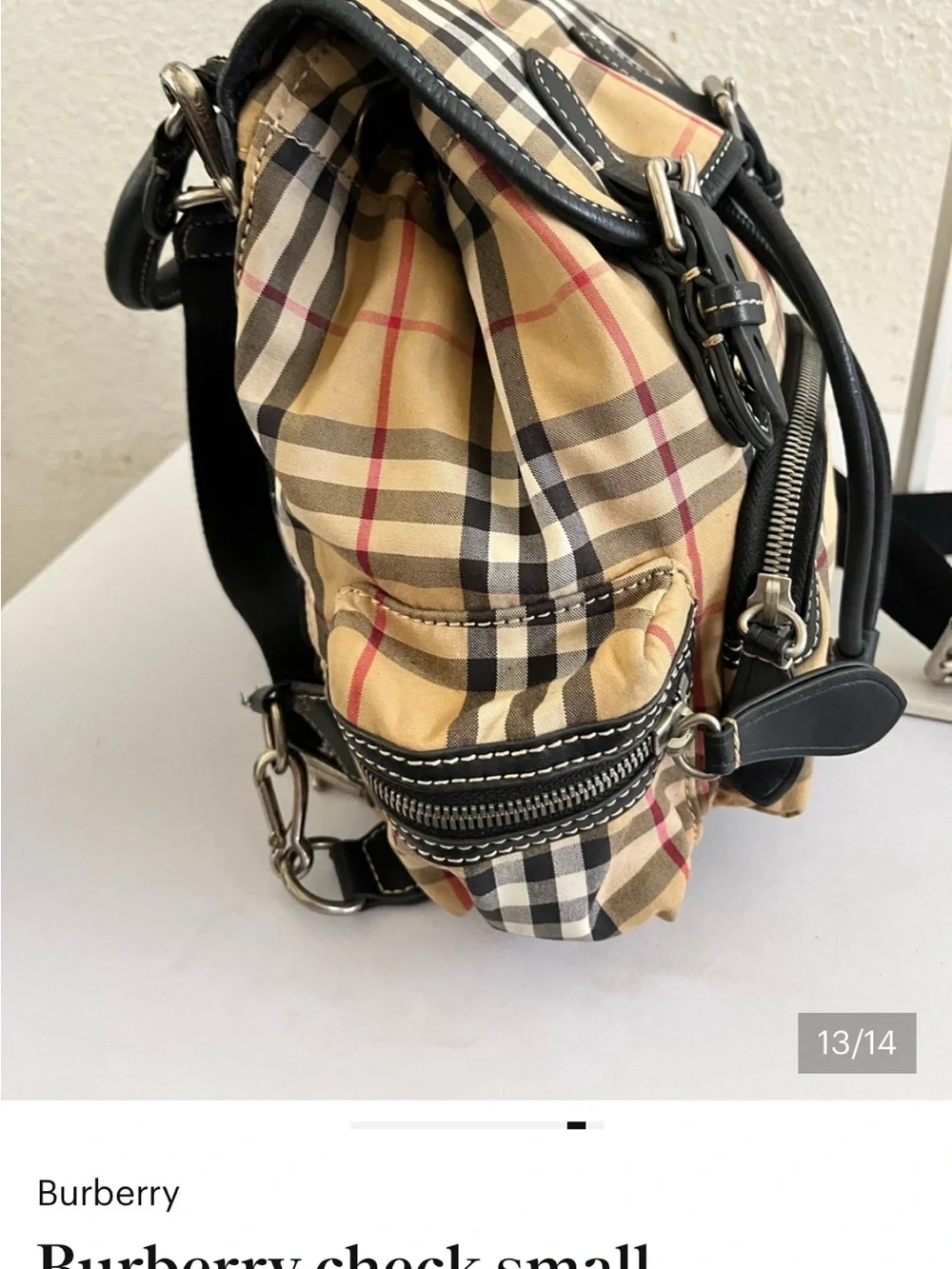 Burberry Nova Check Backpack with black trim and top handle excellent condition